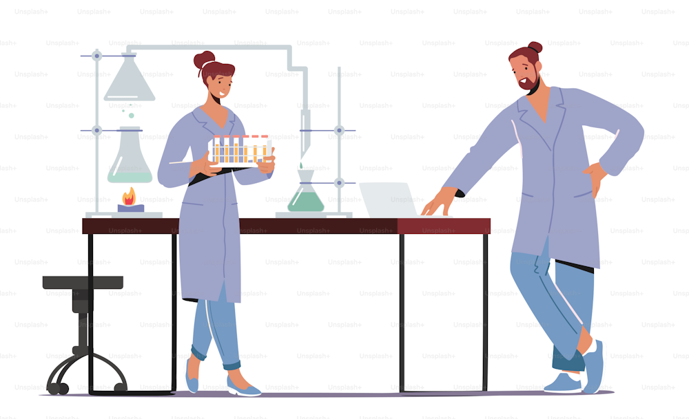 Chemistry Science Invent. Chemists Conducting Experiments and Scientific Research in Laboratory. Scientists Staff Work with Equipment Test Tubes and Beakers in Lab. Cartoon People Vector Illustration