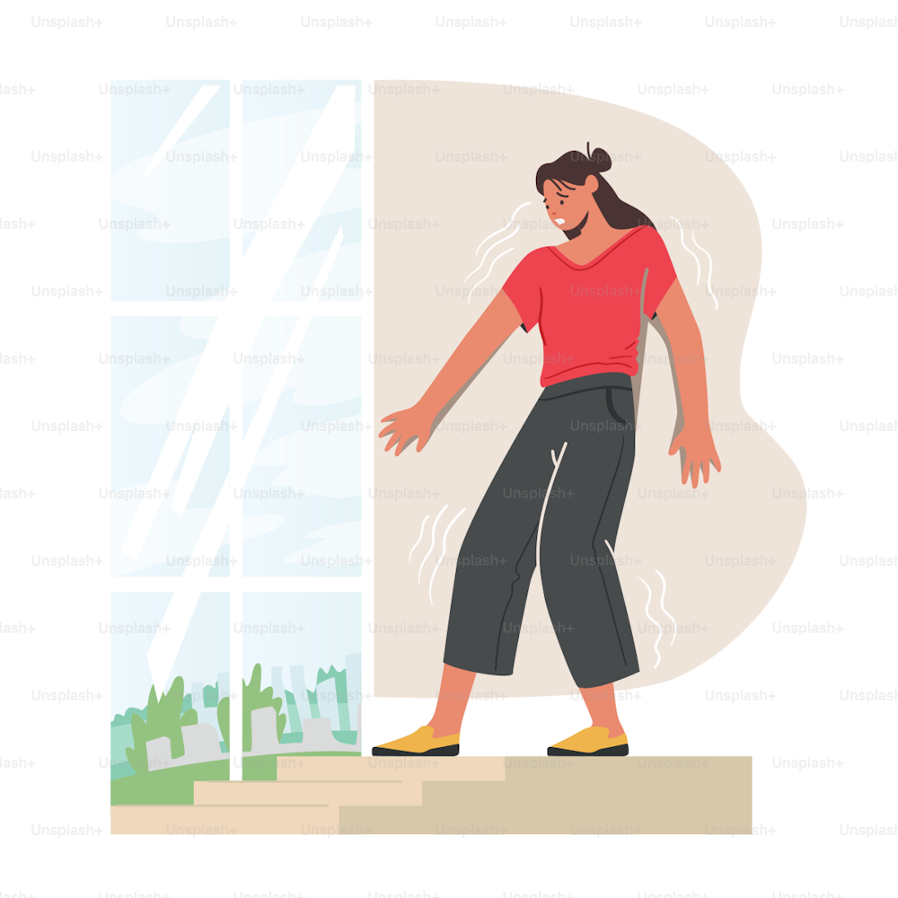 Introversion, Agoraphobia, Public Spaces Phobia Psychological Concept. Scared Woman Afraid of Leaving Home. Mental Illness, Stress, Social Anxiety Disorder, Panic Attack. Cartoon Vector Illustration