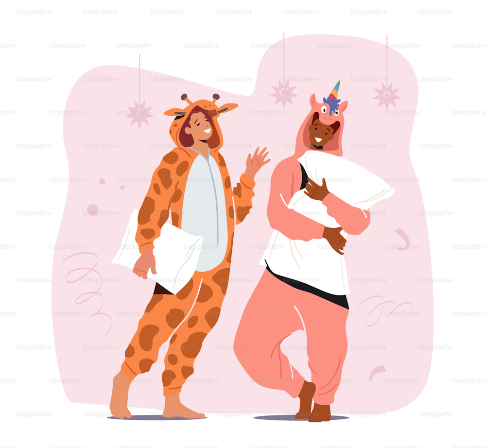 People in Kigurumi Pajamas, Young Man and Woman Wearing Animal Costumes Unicorn and Giraffe. Teenagers Dance and Fun at Home Party, Halloween or New Year Celebration. Cartoon Vector Illustration