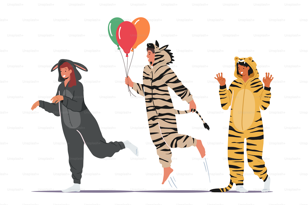 Menschen im Kigurumi-Pyjama, junge Männer und Frauen tragen Tierkostüme Esel, Zebra und Tiger mit Luftballons. Teenager Spaß zu Hause Party, Halloween oder Silvesterfeier. Cartoon-Vektor-Illustration