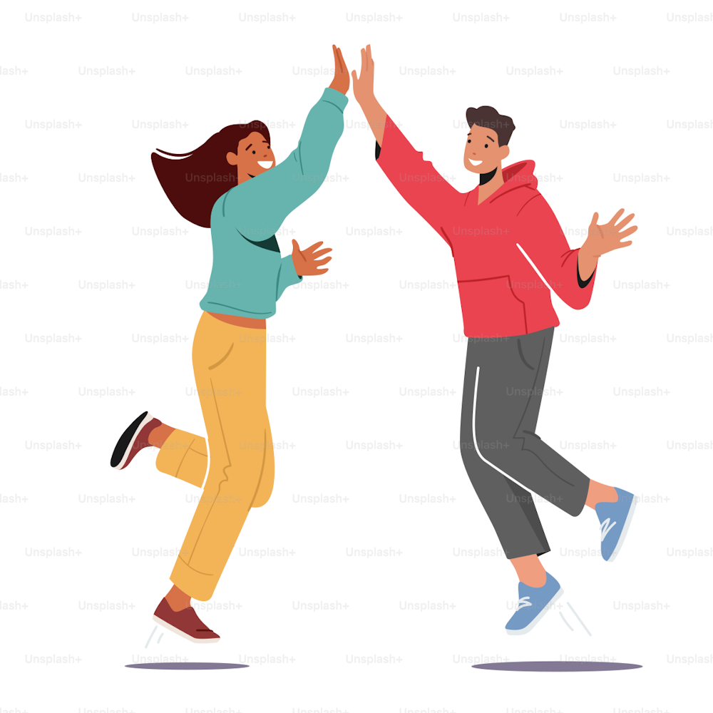 Characters Agree, Celebrate Triumph. Man and Woman Feeling Positive Emotions Giving Highfive to Each Other, Goal Achievement, Good Mood, Victory or Successful Deal. Cartoon People Vector Illustration