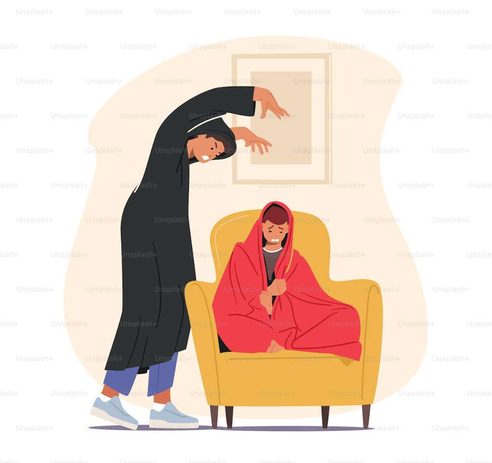 Male Character Telling Scary Stories to Frightened Boy Sitting on Bed Hiding under Blanket. Child Feeling Fear of Spooky Fairytale at Night Time, Imagination, Dream. Cartoon People Vector Illustration