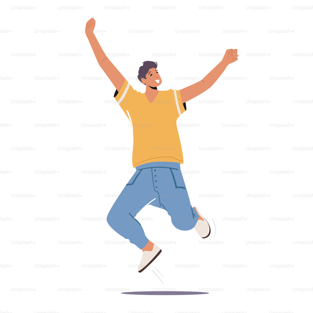 Happy Boy Jump with Raised Arms, Male Character Feeling Positive Emotions, Rejoice, Victory or Success. Teenager Good Mood Laughing Isolated on White Background. Cartoon People Vector Illustration
