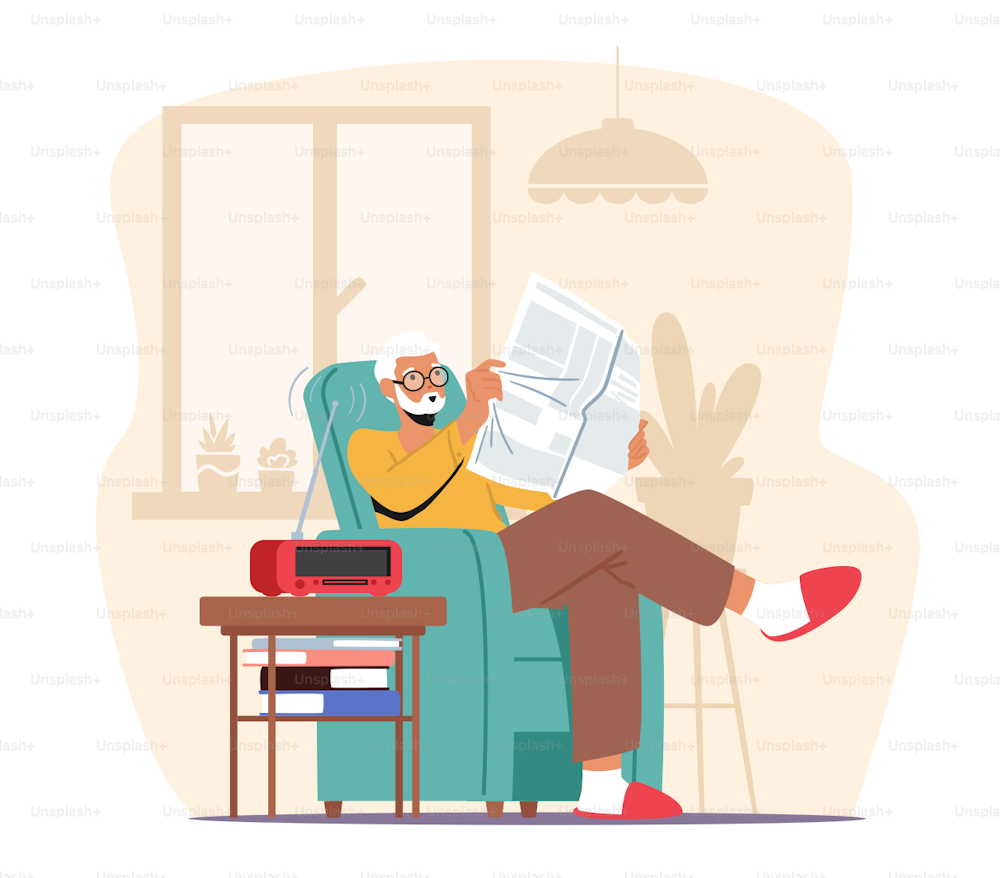 Aged Male Character Hobby, Relaxed Sparetime, Leisure in Nursing Home. Senior Grey Haired Man in Glasses Sitting in Armchair Reading Newspaper and Listening Music on Radio. Cartoon Vector Illustration