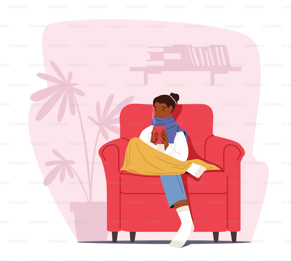 Cold at Home Concept. Freezing Female Character Wrapped in Warm Plaid and Winter Clothes Sitting in Armchair with Hot Drink. Low Degrees Temperature, Cold Weather Freeze. Cartoon Vector Illustration