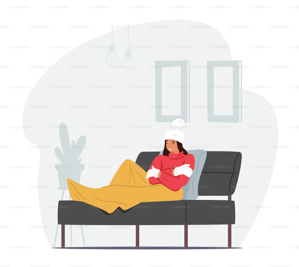 Freezing Female Character Wrapped in Warm Plaid, Winter Clothes, Hat and Mittens Sitting on Sofa Suffering of Low Minus Degrees Temperature. Cold Weather, Freeze at Home. Cartoon Vector Illustration