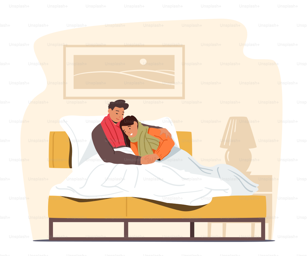 Young Couple Freezing Male and Female Character Wrapped in Warm Plaid and Winter Clothes Sitting on Sofa Trying to Warm Each Other, Suffering of Cold Temperature at Home. Cartoon Vector Illustration