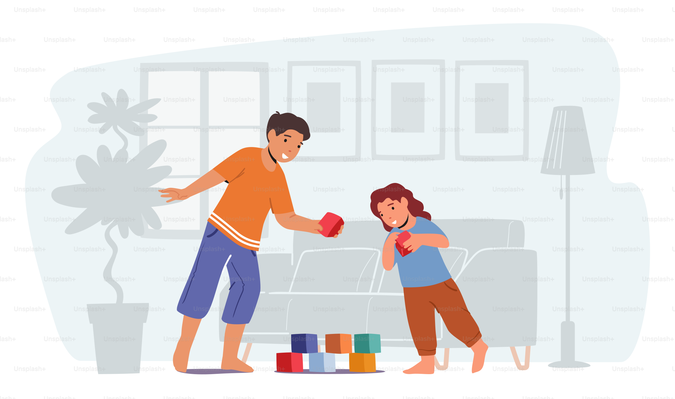 Kids Playing Spare Time. Couple of Little Boy and Girl Play with Toys Building Tower of Cubes on Floor. Cute Children Characters Brother and Sister Toddlers Leisure. Cartoon People Vector Illustration