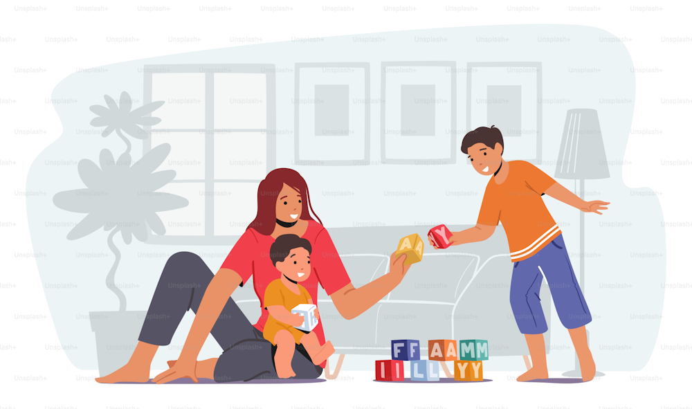 Parent Playing with Children, Happy Family Leisure. Loving Mom and Cheerful Kids Spare Time. Mother and Little Sons Play with Toys Sit on Floor. Woman and Baby Boys Fun. Cartoon Vector Illustration