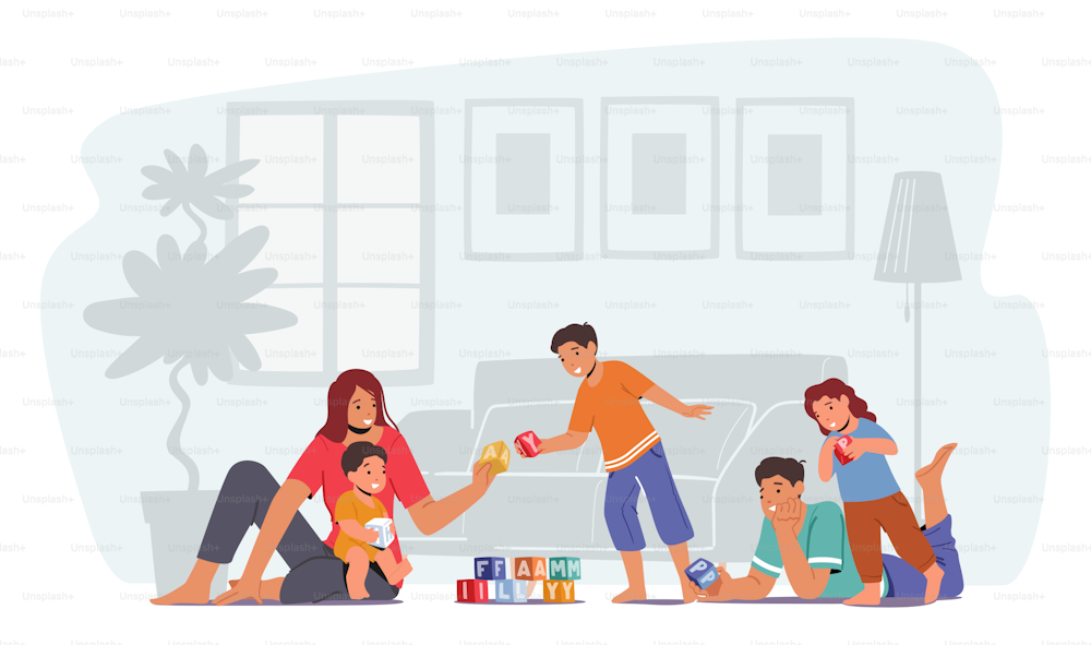 Happy Family Spare Time, Parents with Kids Leisure Time. Father and Mother Playing Toys with Children Sitting on Floor. Mom, Dad, Little Sons and Daughter Loving Relation. Cartoon Vector Illustration