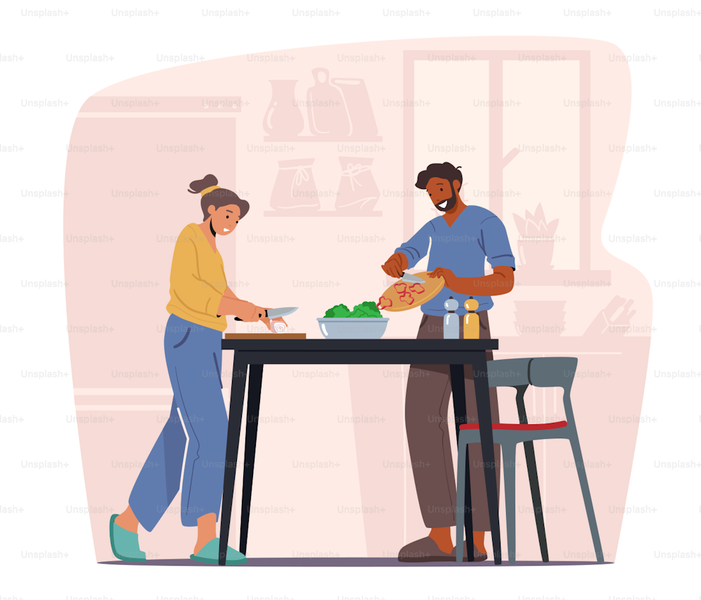 Family Cooking at Home, Man and Woman Prepare Dinner with Fresh Products on Table. Young Couple Characters Cook Together. Every Day Routine, Love, Human Relations. Cartoon People Vector Illustration