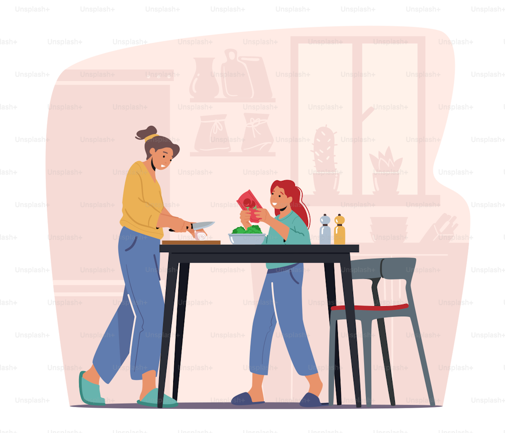 Happy Family of Mother and Teenage Daughter Cooking at Home, Prepare Food on Kitchen. Woman Teach Girl Healthy Eating and Cooking Recipes of Vegetables, Vitamin Nutrition. Cartoon Vector Illustration