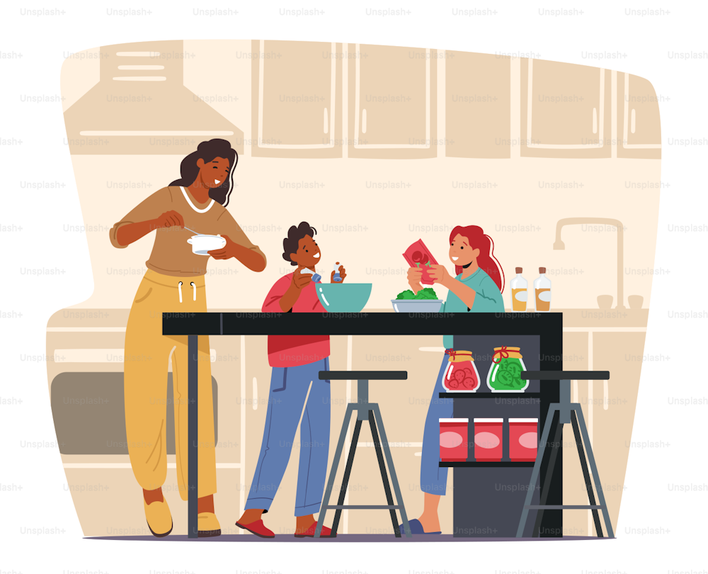 Happy Family oat Home Kitchen. Mother Teaching Kids, Daughter and Son Cooking Dishes, Children Help Parents. Weekend Sparetime Together, Leisure, Duties, Loving Relations. Cartoon Vector Illustration