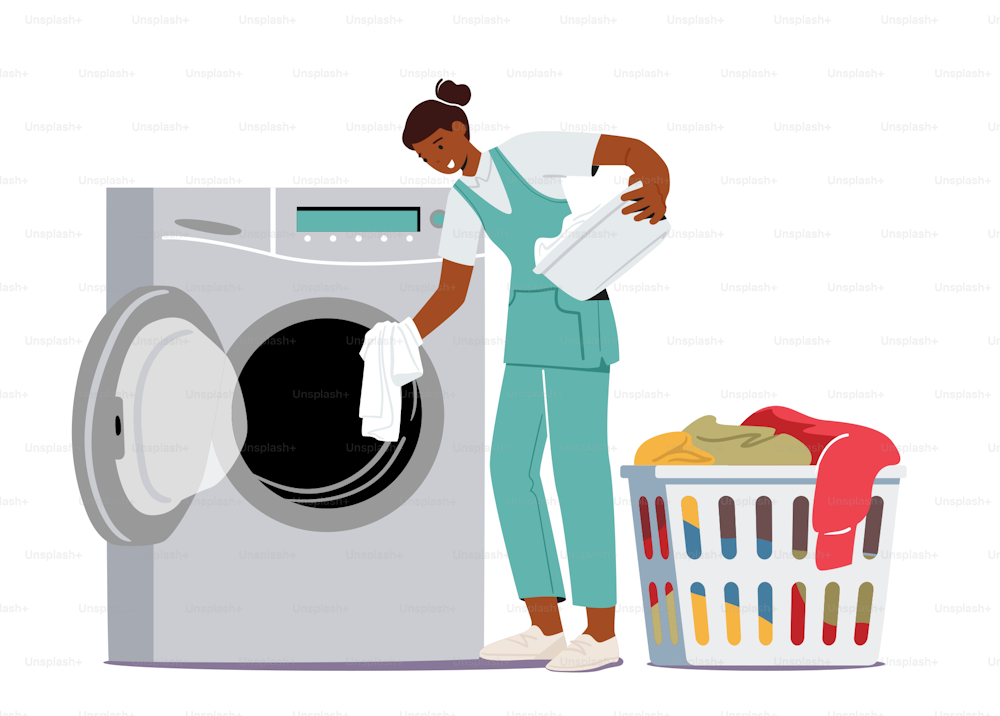 Industrial or Domestic Launderette Washing and Cleaning Service. Worker Female Character in Public Dry Cleaning Laundry Loading Dirty Clothing to Laundromat Machine. Cartoon Vector Illustration