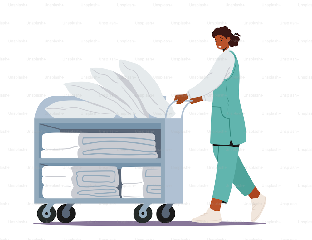 Laundrette Company or Hotel Service. Female Character Employee of Professional Maid Working Process Push Trolley with Clean Linen in Public or Hotel Dry Cleaning Laundry. Cartoon Vector Illustration