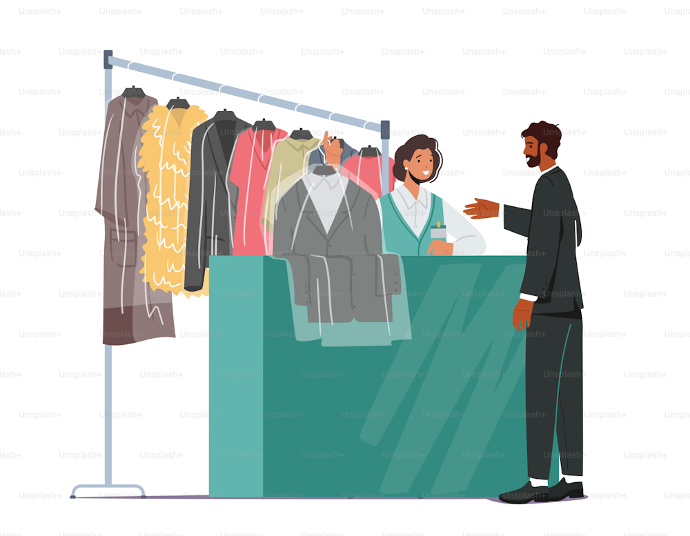 Dry Laundry Cleaning Service. Female Character Professional Worker Giving to Client Clean Clothes on Reception with Hanger. Customer Visiting Industrial Public Laundrette. Cartoon Vector Illustration