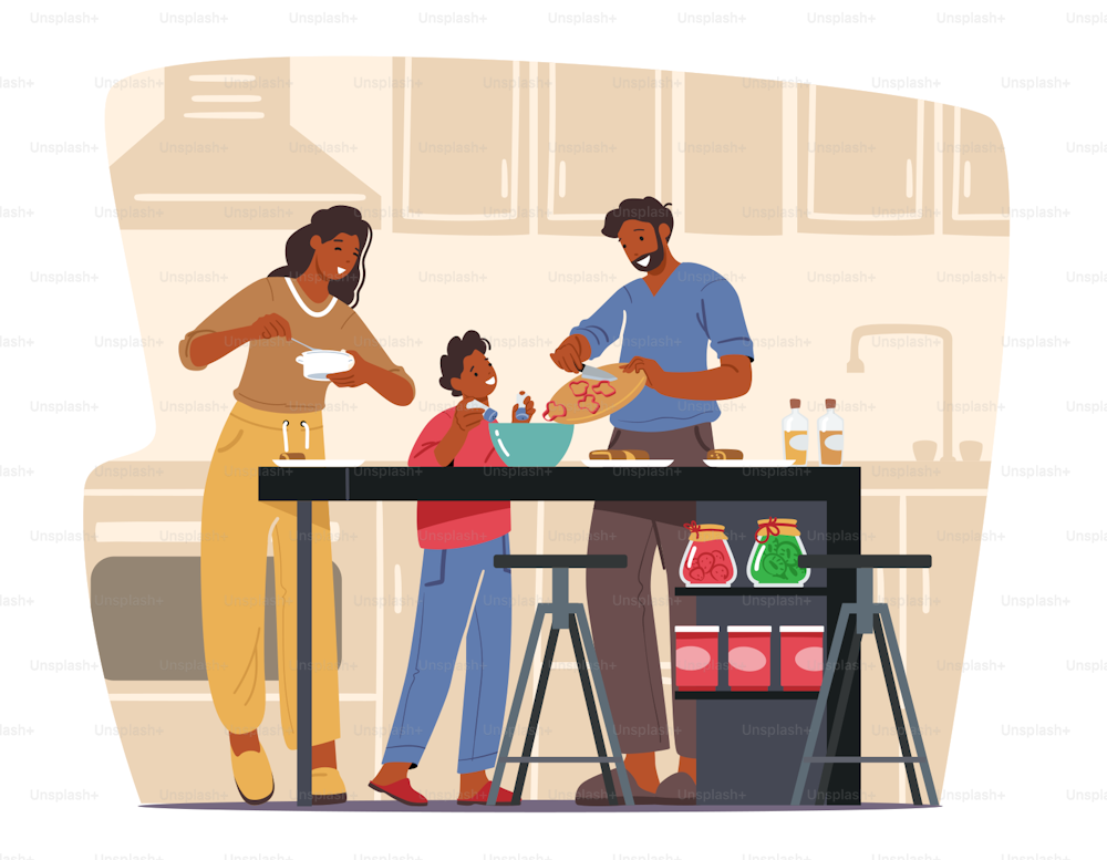 台所の背景に家で料理をする幸せな家族、母親、父、幼い息子が、食事の準備にさまざまなツールを使い、週末に一緒に時間を割くキャラクター。漫画のベクターイラスト