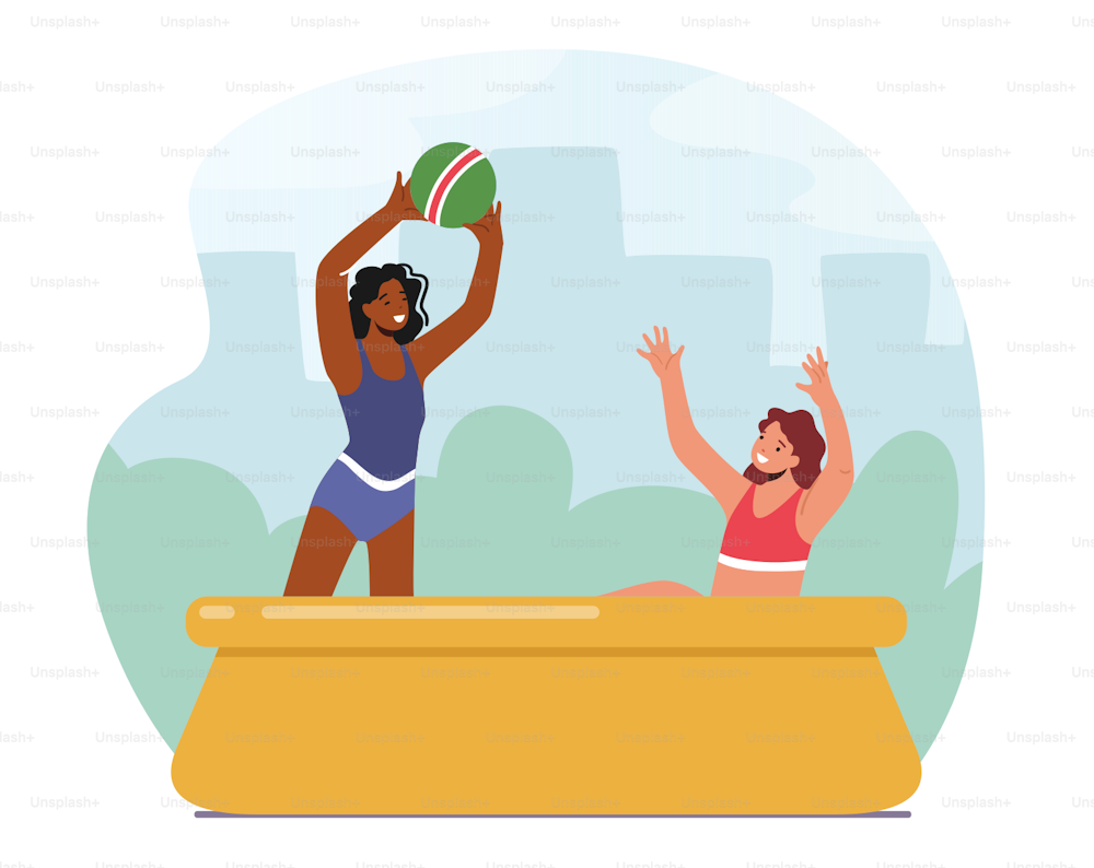 Happy Family Characters Mother and Daughter Playing Ball in Outdoor Swimming Pool. Summertime Water Games, Mom with Girl Activity, Fun on Summer Holidays, Vacation. Cartoon People Vector Illustration