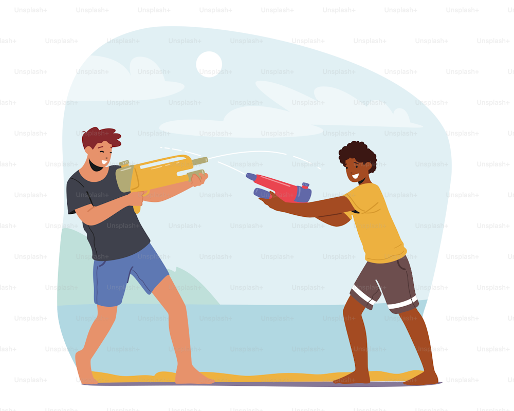 Happy Boys Summer Game, Teens Playing, Shooting with Water Guns in Hot Weather. Children Friends Characters Splashing on Street. Summertime Joy Activity, Recreation. Cartoon People Vector Illustration