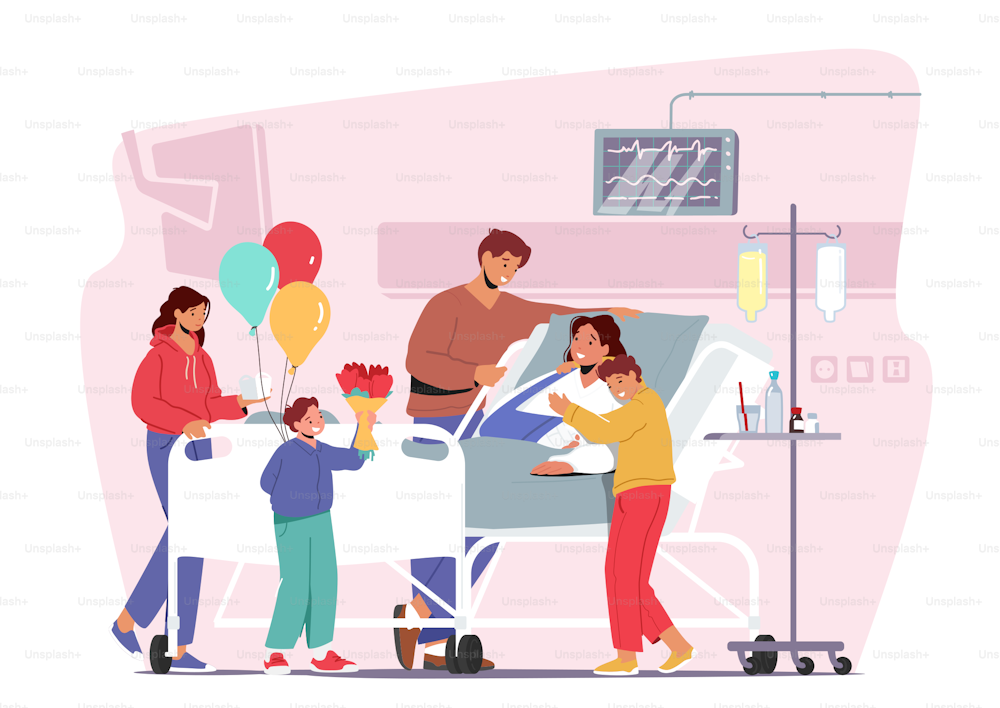 Family Characters Visit Mother in Hospital. Sick Female Patient with Broken Arm Lying on Bed in Private Clinic Chamber. Kids and Husband Bring Flowers and Balloons. Cartoon People Vector Illustration