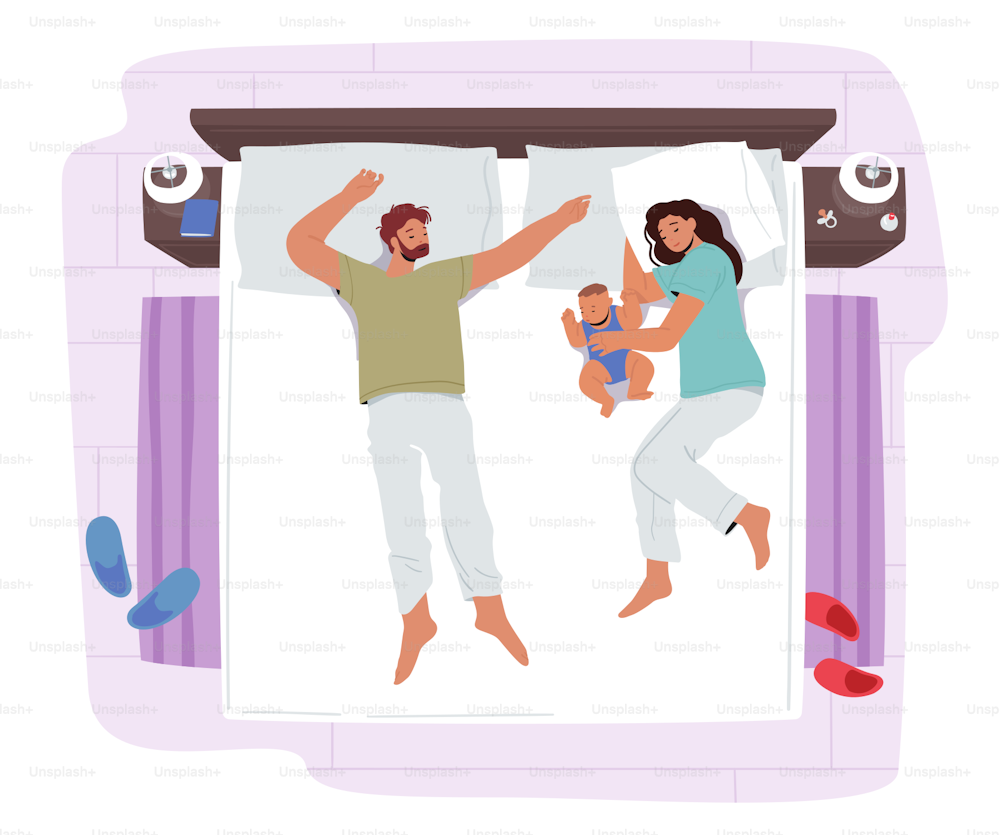 Happy Loving Family Mother, Father and Newborn Child Sleeping on One Bed. Mom, Dad and Kid Characters Night Time Dream. People Sleep Together in Comfortable Cozy Bedroom. Cartoon Vector Illustration