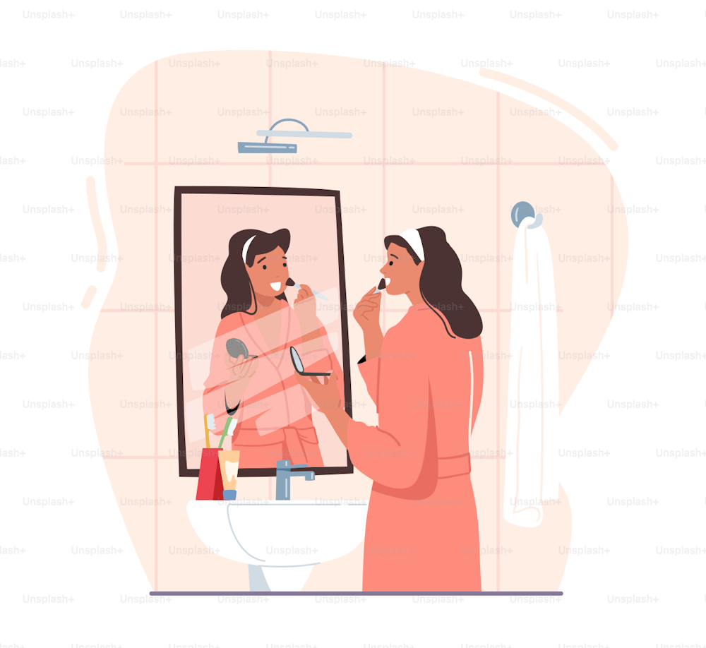 Procedimiento de maquillaje de carácter femenino en el baño. Joven mujer adorable Párese frente al espejo y se hunda con polvo o paleta de sombra de ojos para la belleza facial, rutina diaria. Ilustración vectorial de dibujos animados
