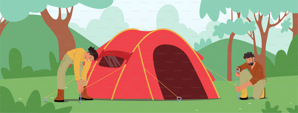 Active Tourists Characters Camping. Young Man and Woman Hammer Sticks to Ground Set Up Tent for Spending Time at Summer Camp in Forest. Summertime Vacation, Hiking. Cartoon People Vector Illustration