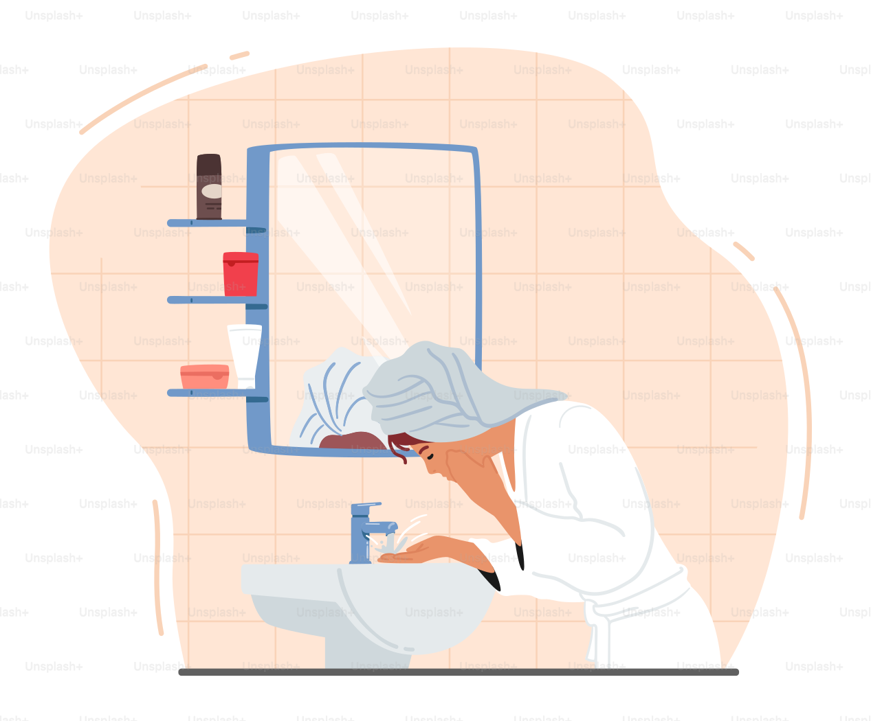 Young Female Character Washing Face Stand front of Mirror and Sink in Bathroom. Girl in Towel and Robe Applying Facial Skin Care or Hygiene Procedures, Morning Routine. Cartoon Vector Illustration