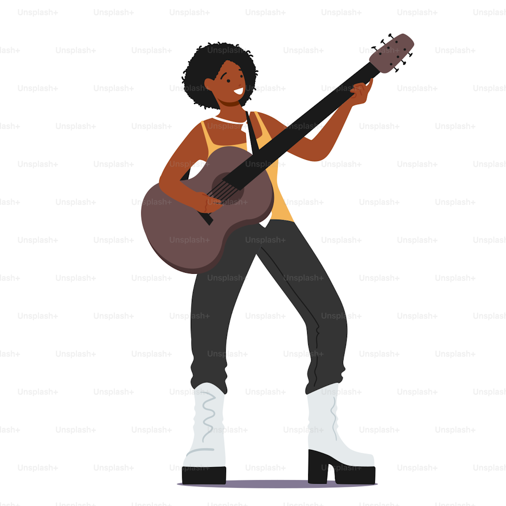 African Female Character Playing Acoustic Guitar Performing Rock or Country Melody. Musician Singing and Playing in Rocking Clothing, Artist Guitar Player, Singer Girl. Cartoon Vector Illustration