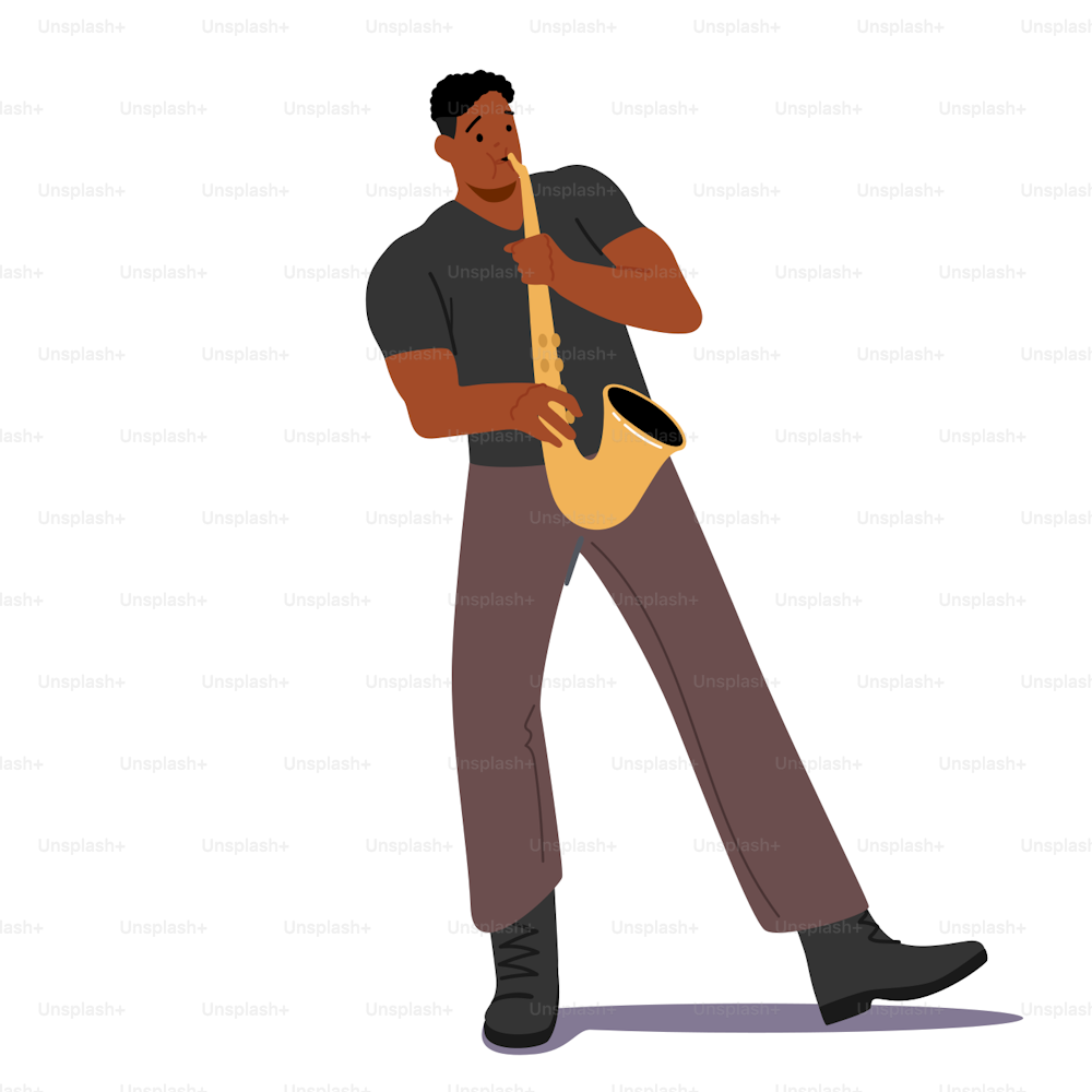 African Male Character Playing Saxophone Isolated on White Background. Music Jazz Band Entertainment, Concert, Sax Player Blowing Musician Composition. Cartoon People Vector Illustration