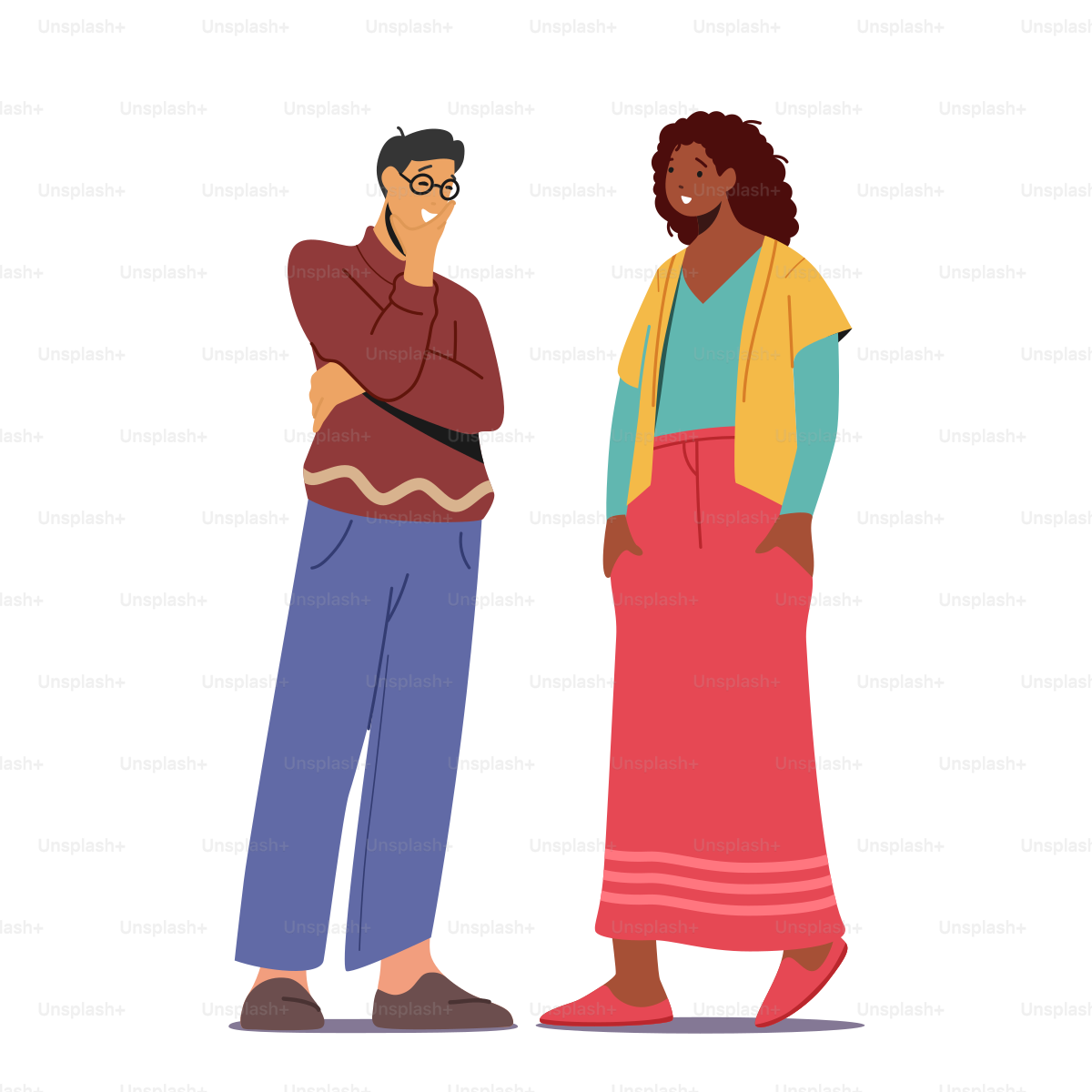 Multiethnic Couple Talking, Asian Man and African Woman Speaking Isolated on White Background. People Chatting, Friends or Soulmate Meeting. Dialogue Between Characters. Cartoon Vector Illustration