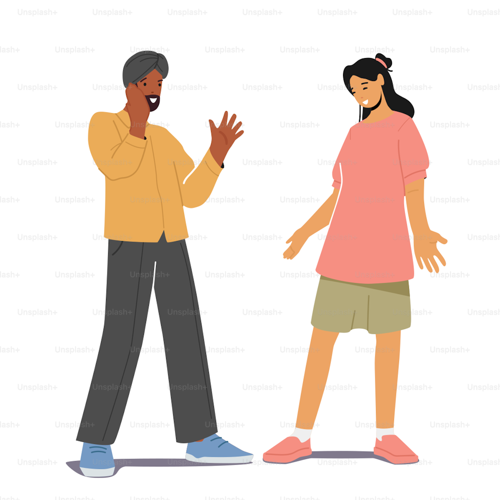Multiethnic People Indian or Pakistani Man and Caucasian Woman Talking or Speaking. Multiracial Couple Chatting, Dialogue Between Male and Female Characters, Meeting. Cartoon Vector Illustration
