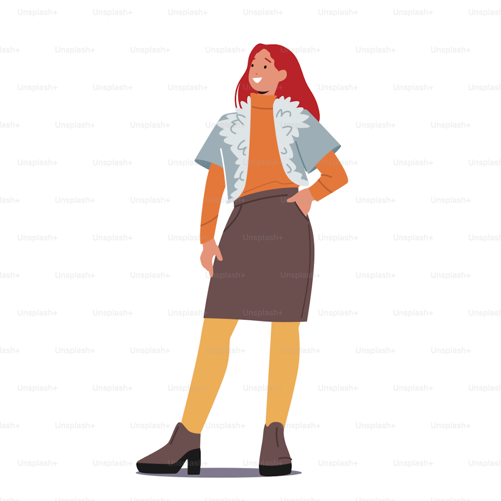 Stylish Woman Wearing Fashion Outfits Warm Jacket with Fur Collar, Sweater and Skirt with Wool Tights or Heeled Shoes. Young Female Character in Modern Fall Casual Clothes. Cartoon Vector Illustration