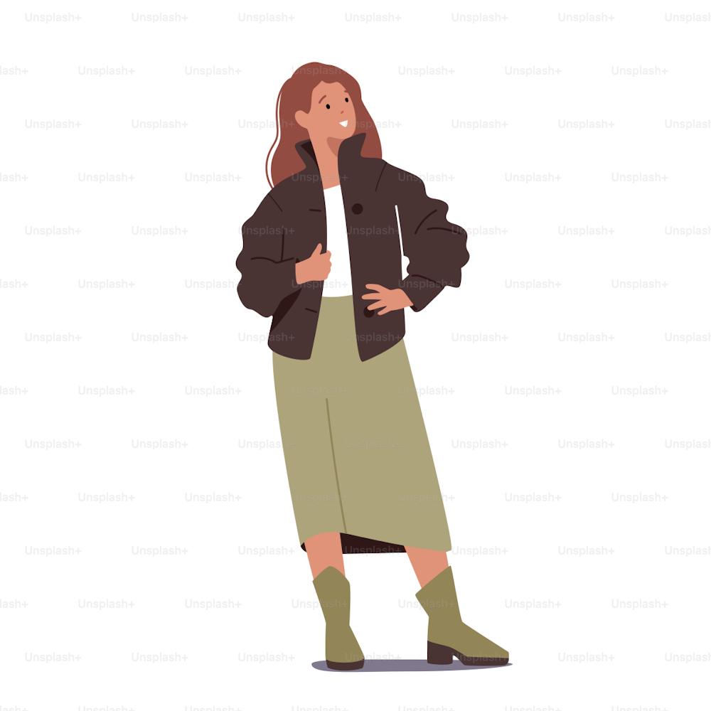 Stilvolle Frau mit Wildleder- oder Lederjacke, langem Rock und Stiefeln. Mode-Outfits für die Herbstsaison für Mädchen. Junge weibliche Figur in moderner Freizeitkleidung. Cartoon Menschen Vektor Illustration
