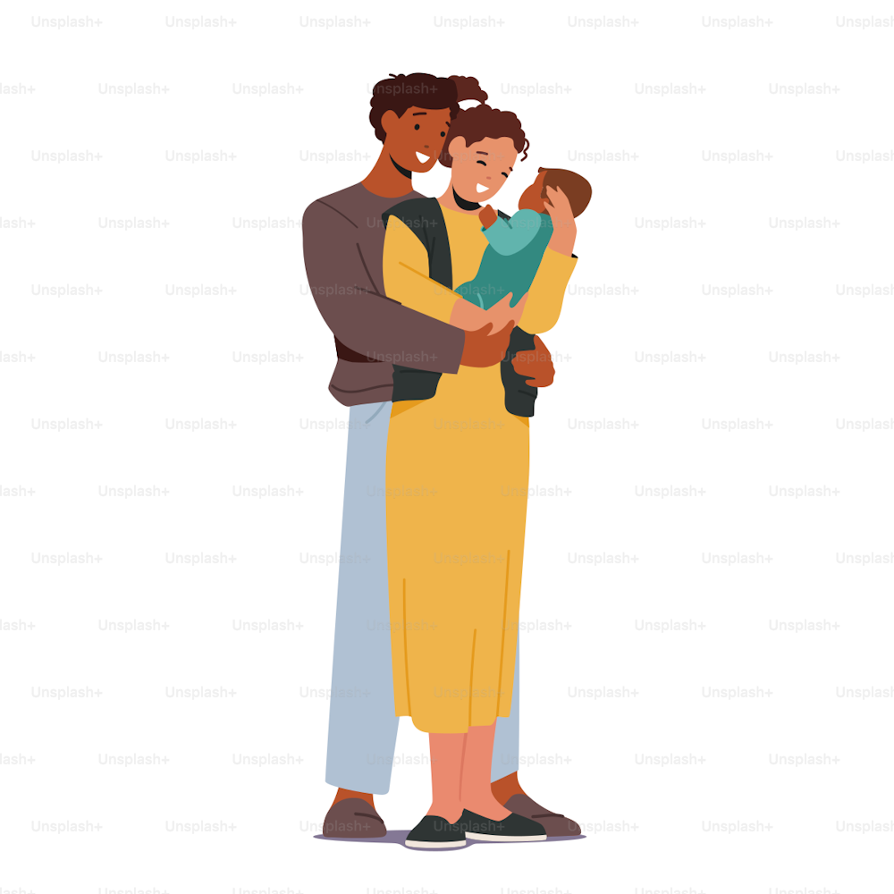 Multiracial Loving Parents with Baby. Mother and Father Caucasian and African Ethnicity Family Characters Holding Child on Hands Hugging and Kissing Expressing Love. Cartoon People Vector Illustration