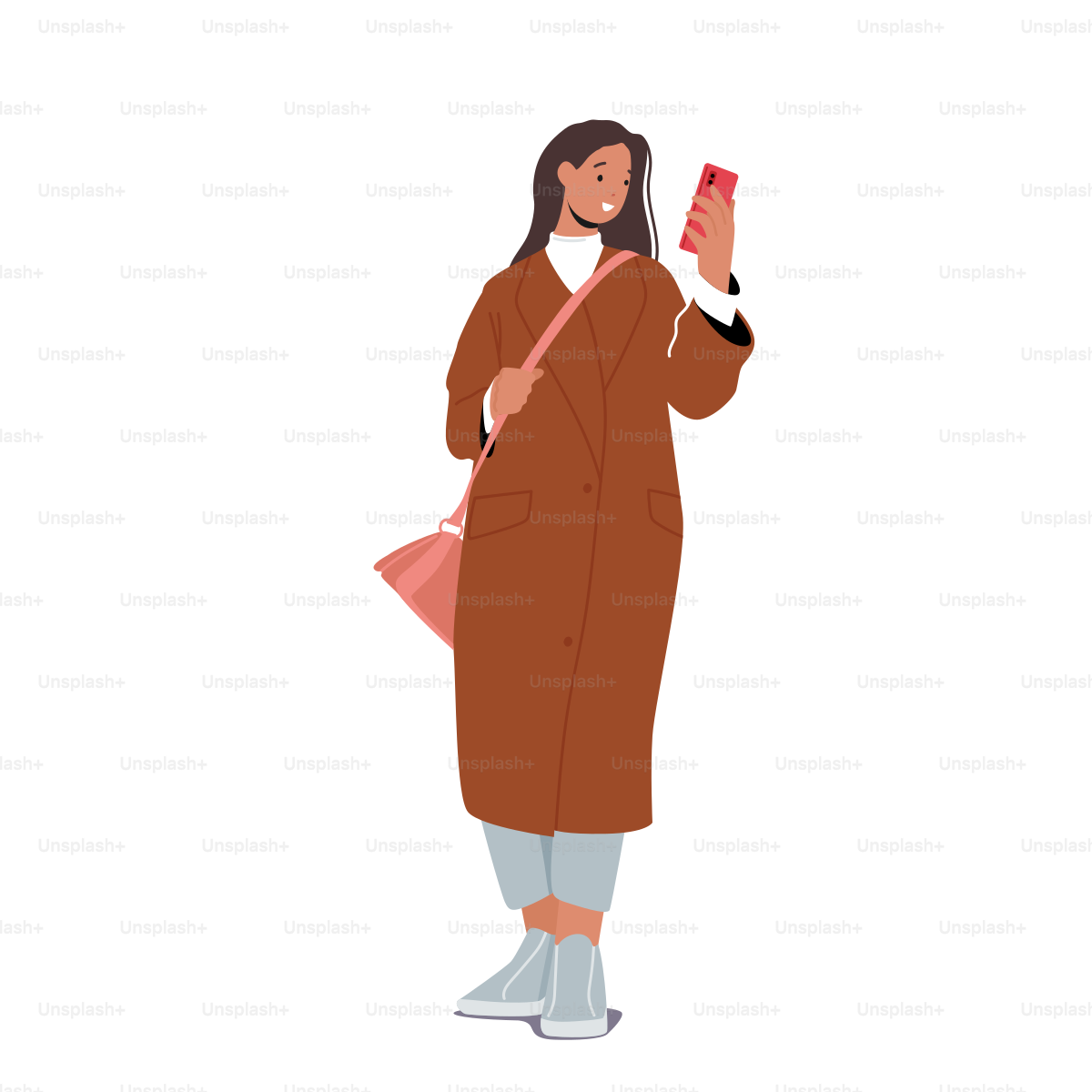 Tendencias de moda otoñal para mujeres. Personaje femenino con estilo vestido a la moda, abrigo largo y a la moda y pantalones cortos con bolso de hombro. Colección de ropa otoñal. Ilustración vectorial de dibujos animados