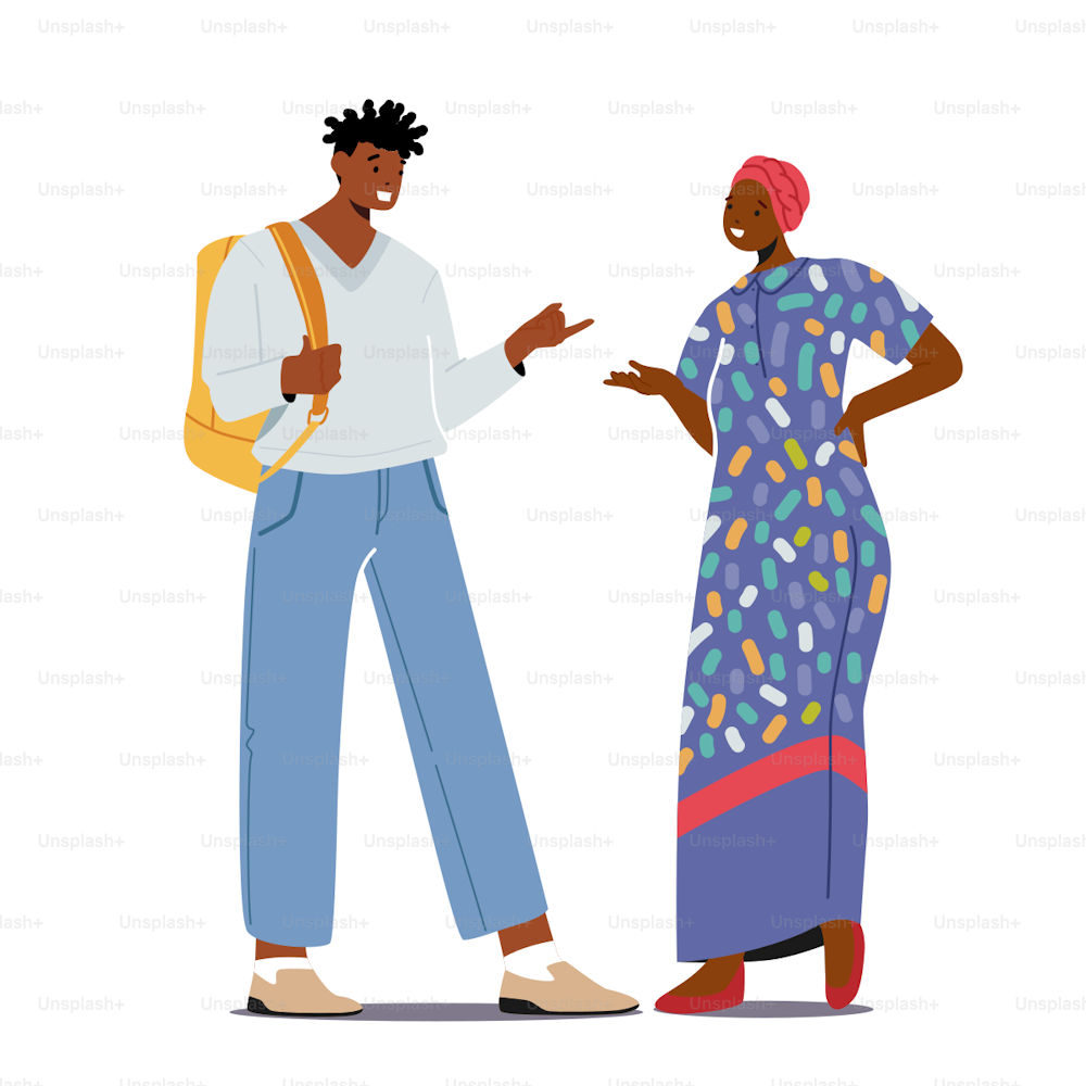 Multiethnic People African Man in Modern Clothes and Woman in Traditional Dress and Turban Talking or Speaking. Chatting Couple Meeting, Dialogue Between Friend Characters. Cartoon Vector Illustration