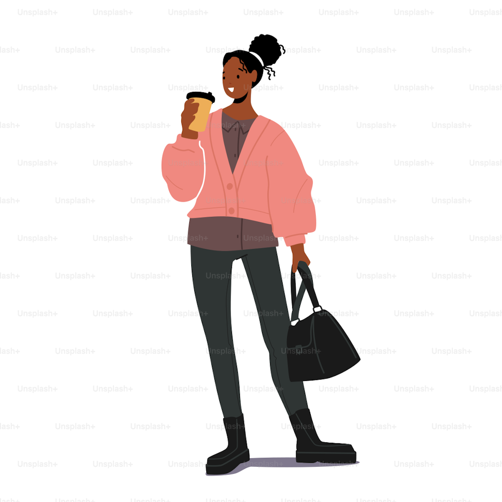 Menina africana elegante com café e bolsa de mão vestindo roupa da moda para a temporada de outono. Tendências de Moda de Outono para Mulheres. Blusa rosa de malha com mangas largas e calça justa. Ilustração vetorial dos desenhos animados