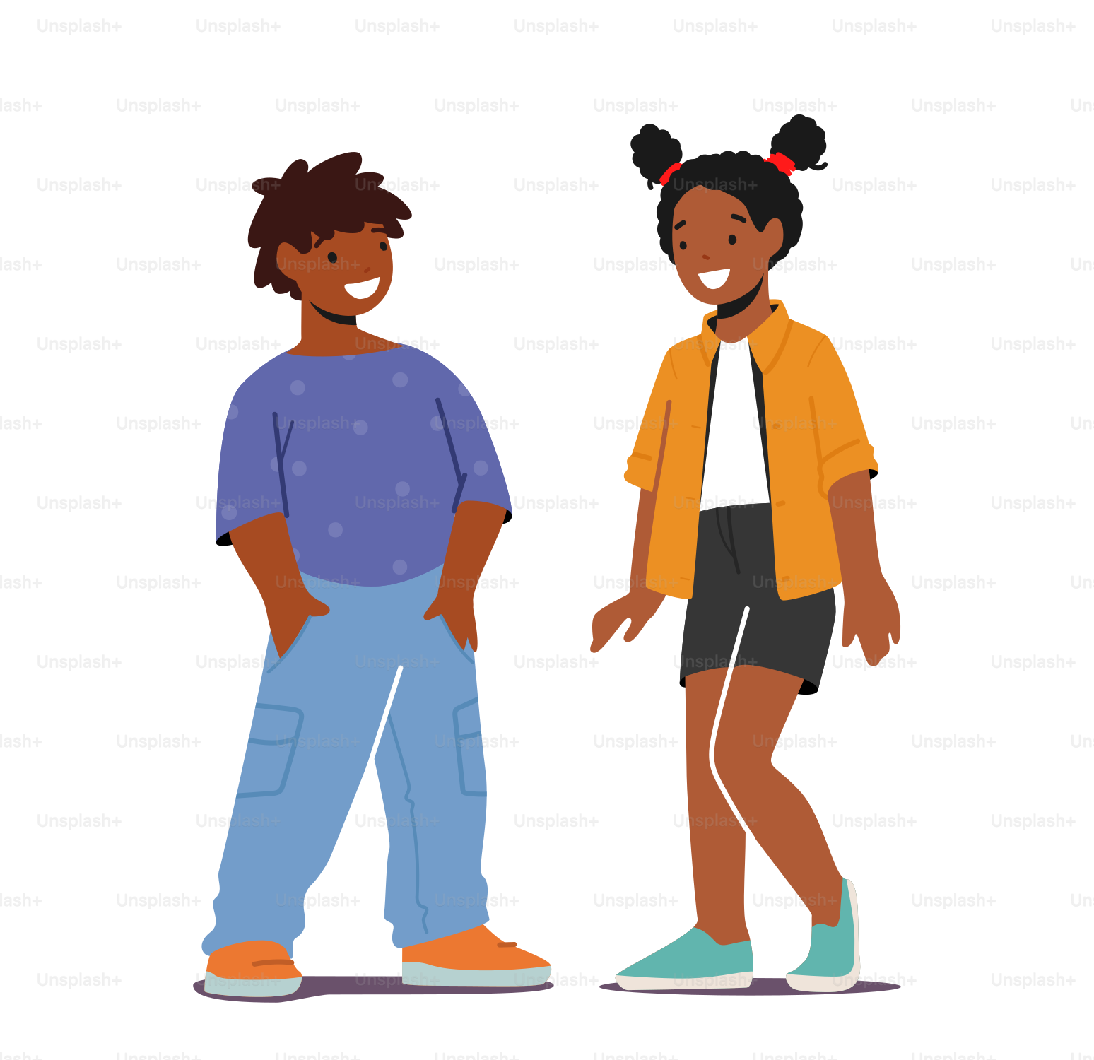 Kids Couple Kindergarten or Preteen Ages Little Boy and Girl Happily Smiling Together Isolated on White Background. Cute African Children Male and Female Characters. Cartoon People Vector Illustration