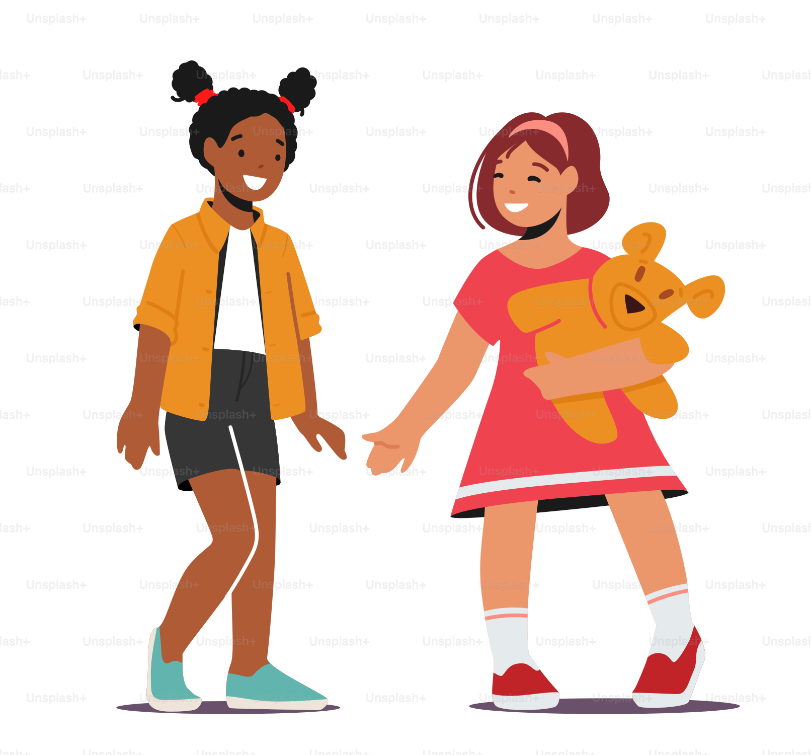 Little Girls Characters Playing and Smiling Together Isolated on White Background. African and Caucasian Children Multiracial Friendship, Happiness and Freedom. Cartoon People Vector Illustration