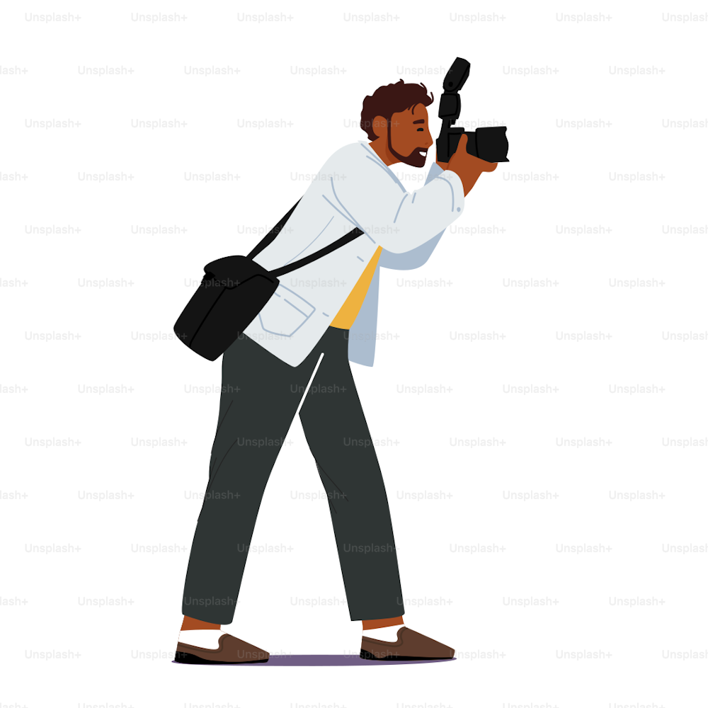 Professional Photographer with Photo Camera and Bag on Shoulder Making Picture. Cameraman Expert Job, Creative Hobby, Traveling or Work Occupation, Male Character Activity. Cartoon Vector Illustration