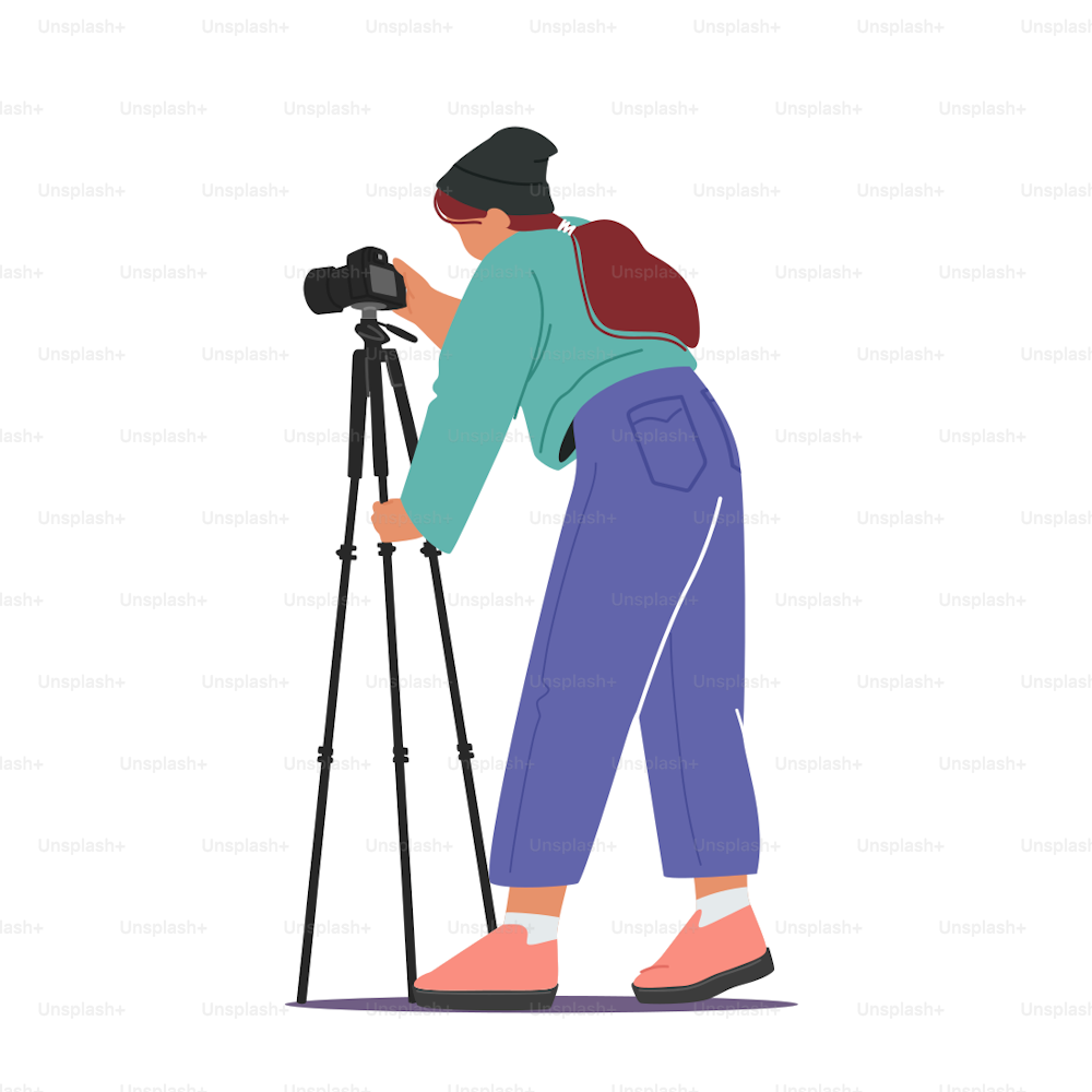 전문 사진 개념입니다. 삼각대에 사진 카메라를 들고 흰색 배경에 고립된 사진을 만드는 여성 사진작가. 사진을 찍는 여자 캐릭터, 취미. 만화 벡터 일러스트레이션