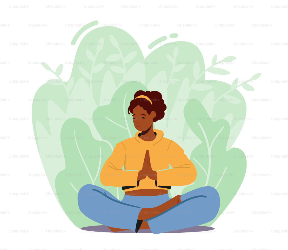 Frau meditiert in Lotus-Pose, weibliche Figur genießt Yoga im Freien. Gesunder Lebensstil, Entspannung, emotionales Gleichgewicht, Harmonie mit der Natur, positives Leben und Stimmung. Cartoon-Vektor-Illustration
