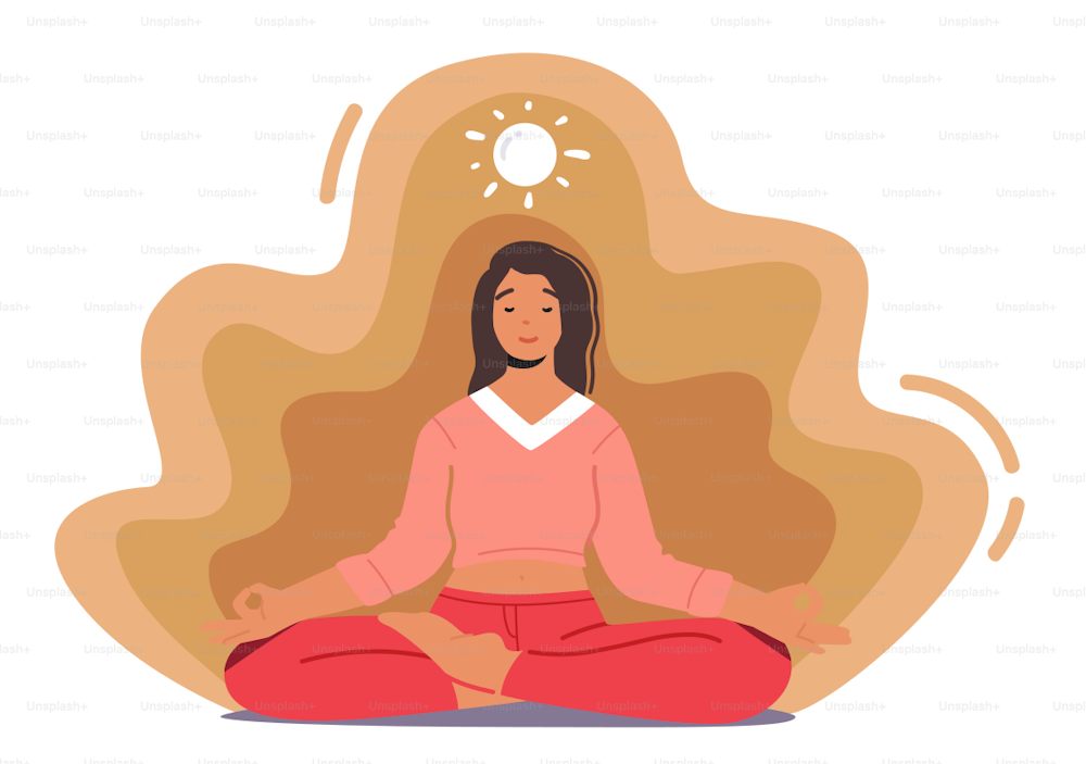 Mujer meditando sentada en postura de loto. Carácter femenino relajado Meditación de yoga al aire libre, práctica Zen, relajación mental, equilibrio emocional y armonía con la naturaleza. Ilustración vectorial de dibujos animados