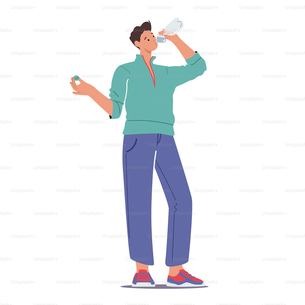 Male Character Drinking Fresh Water from Plastic Bottle for Body Hydration, Refreshment after Sport Workout or Morning Exercising. Healthy Lifestyle, Pure Aqua Wellbeing. Cartoon Vector Illustration