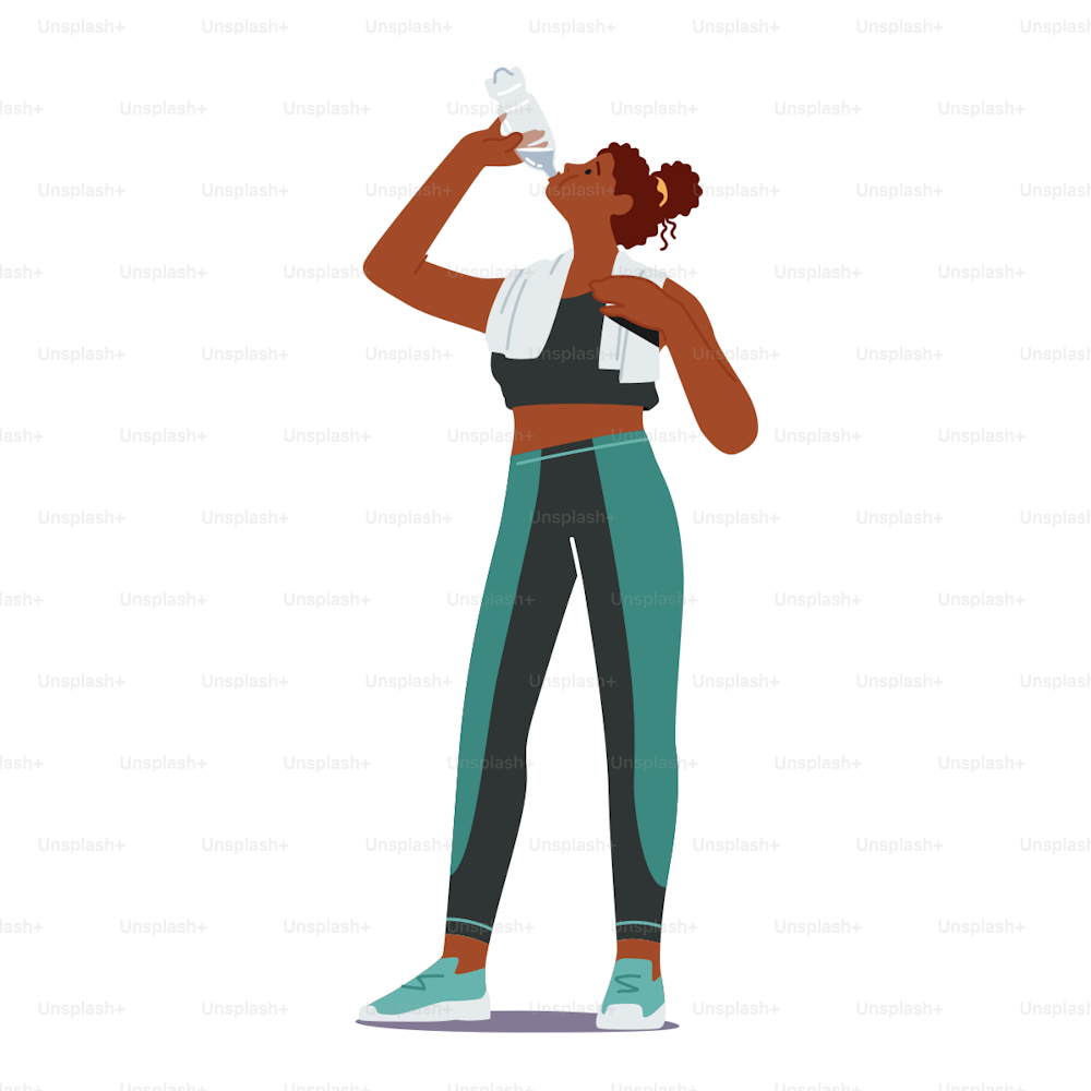 Athletische schöne Sportlerin mit Handtuch auf den Schultern Trinkwasser aus der Flasche erfrischend nach der sportlichen Aktivität. Weiblicher Charakter Gesundes Lebensstil-Konzept. Cartoon-Vektor-Illustration
