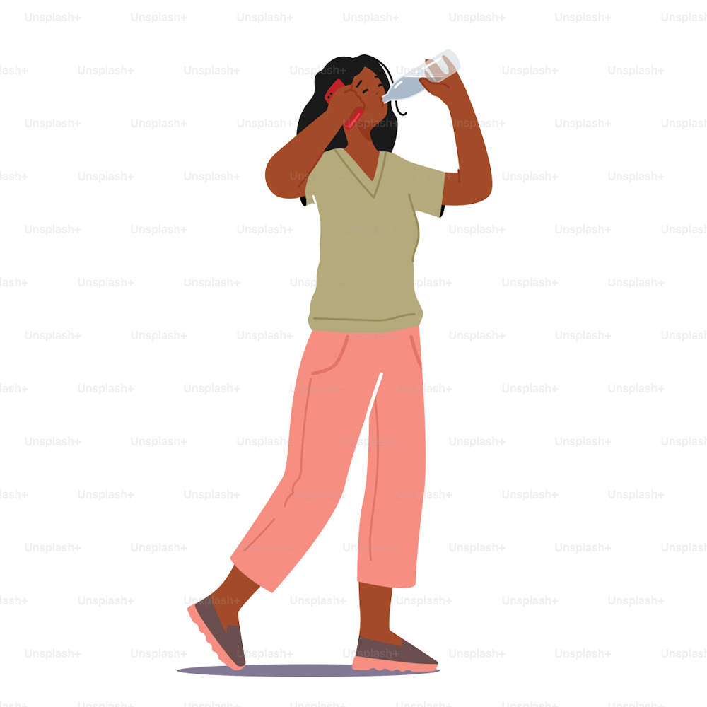Healthy Lifestyle, Pure Aqua Refreshment, Wellbeing and Body Care Concept. Young and Fit Female Character Drinking Pure Water from Bottle while Speaking by Mobile Phone. Cartoon Vector Illustration