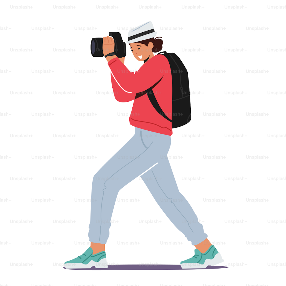 Photo Shooting Concept. Female Photographer, Journalist, Traveler Character with Photo Camera Make Picture. Woman Paparazzi, Correspondent Job, Creative Hobby or Activity. Cartoon Vector Illustration