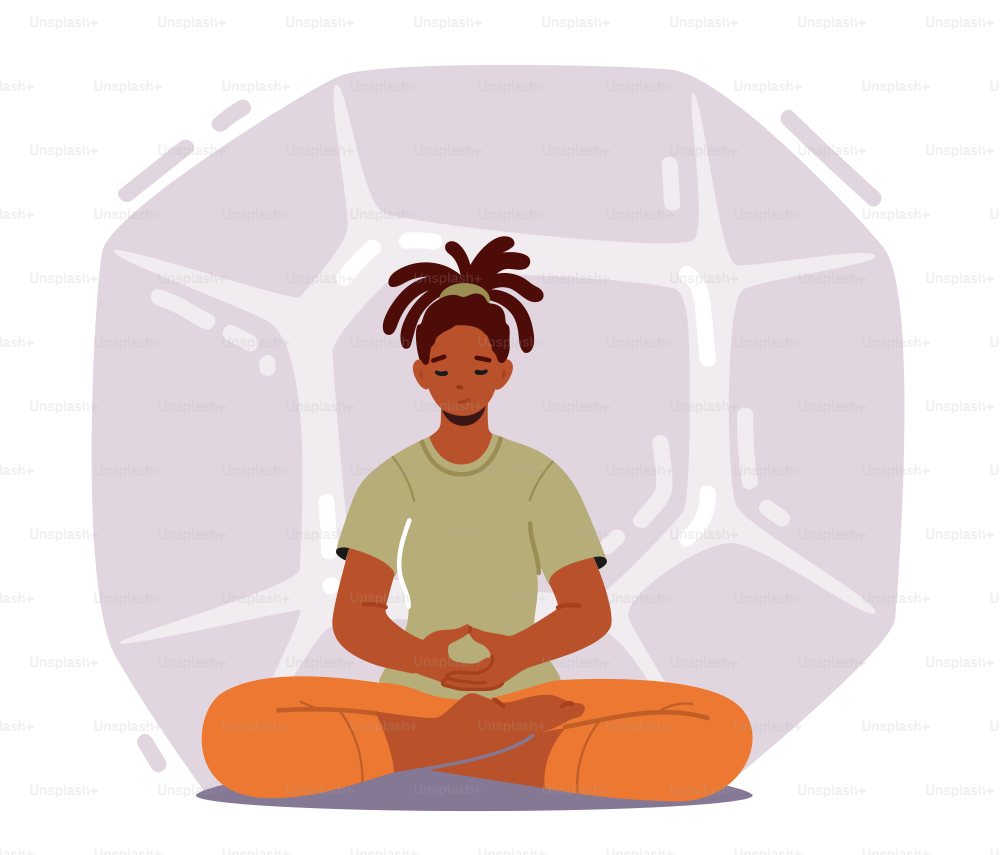 Mujer tranquila practicando meditación de yoga en postura de loto para menos estrés y alcanzar el nirvana o el zen. Empoderamiento, Estilo de vida saludable, Relajación, Equilibrio o Armonía con la naturaleza. Ilustración vectorial de dibujos animados