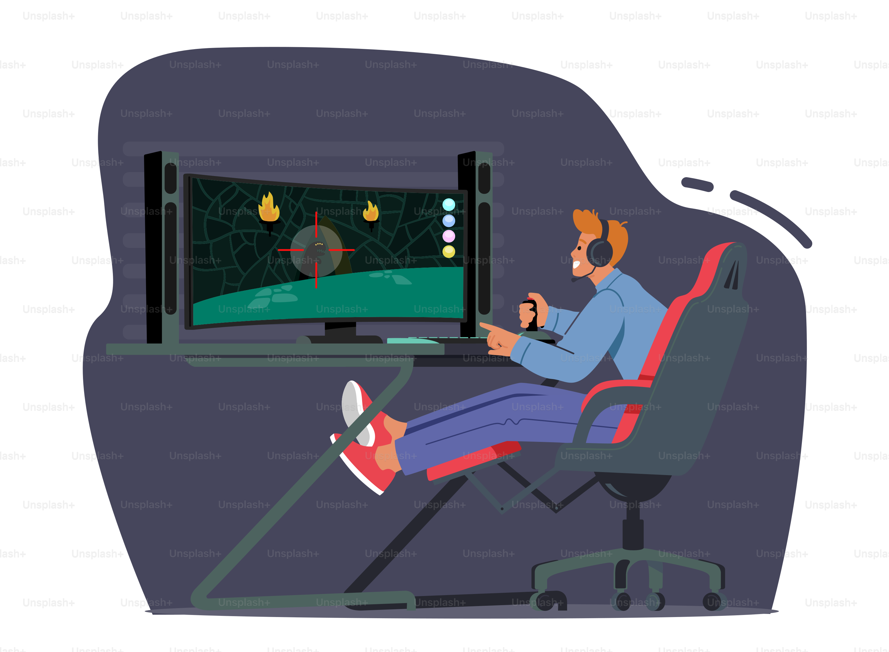 Gamer Teenager Character Playing Computer Games with Professional Desktop and Equipment. Teen in Headset and Joystick Playing Shoot Military Targets on Screen. Cartoon People Vector Illustration